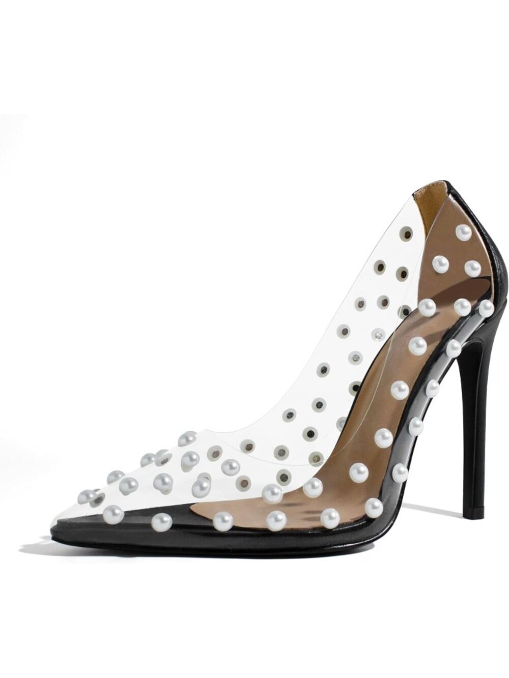 Women's Black Pumps Pointed Toe High Heel Shoes Pearl Studded PVC Clear Heels
